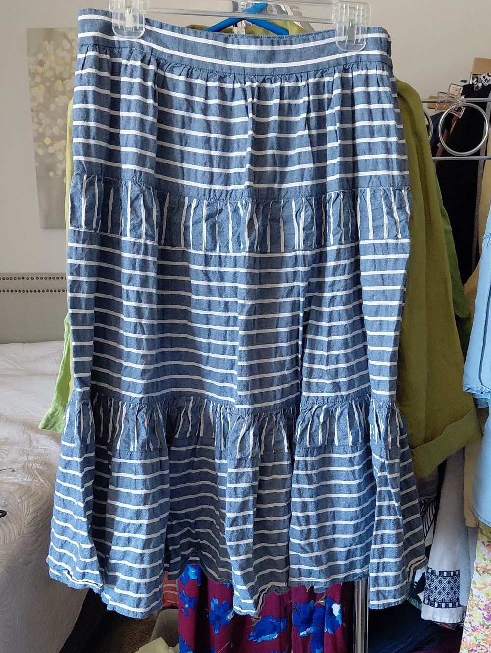 Blue and White Striped Tiered Cotton/linen Skirt